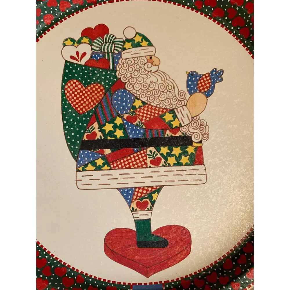 Vintage 90s Patchwork Santa folk metal tray